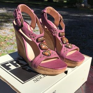 Frye 'Bridget' Berry Leather & Wood Wedges
